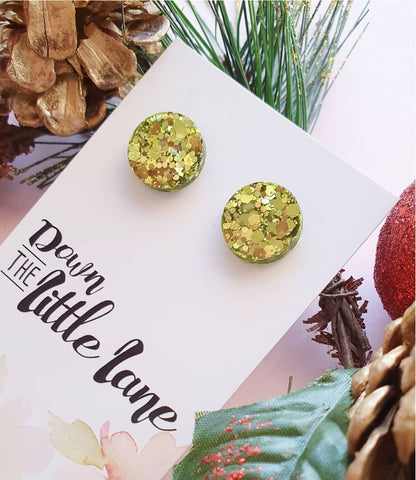 "Medium Moon Studs" in Lime glitter - Down The Little Lane